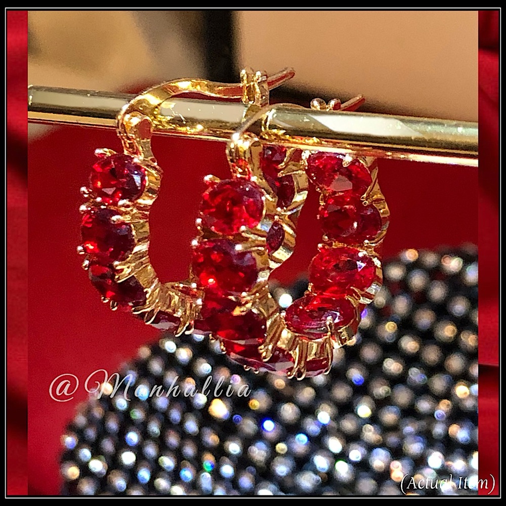 New Deep Red Ruby Stone Gold Round Huggie Earrings - Picture 2 of 6